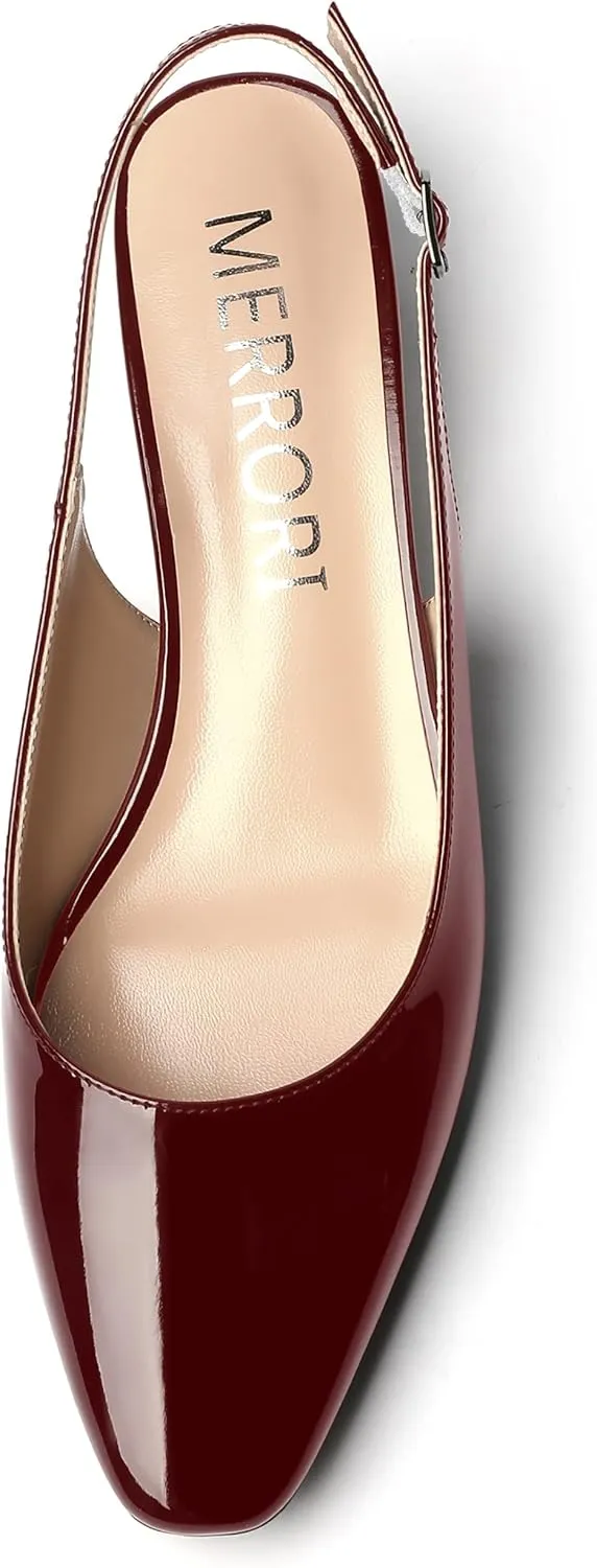 MERRORI Women's Patent Buckle Block Solid Slingback Square Toe Chunky Low Heel Pumps Shoes 1.5 Inch