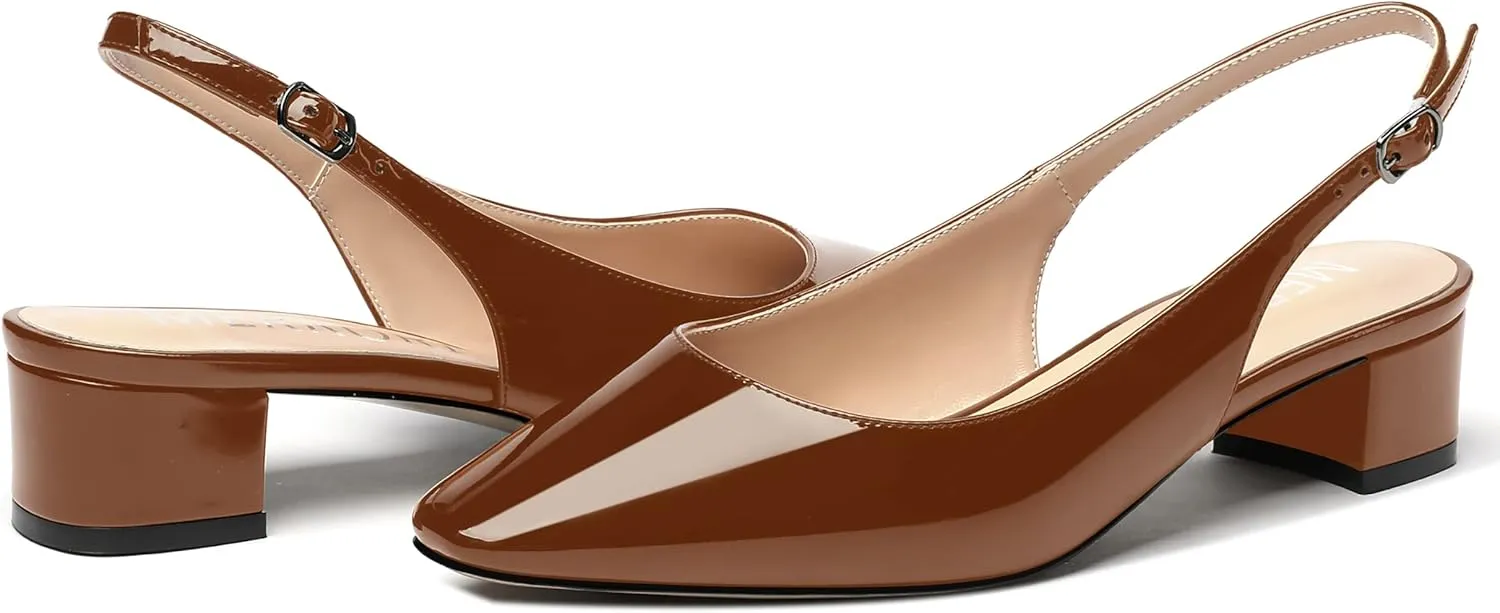MERRORI Women's Patent Buckle Block Solid Slingback Square Toe Chunky Low Heel Pumps Shoes 1.5 Inch