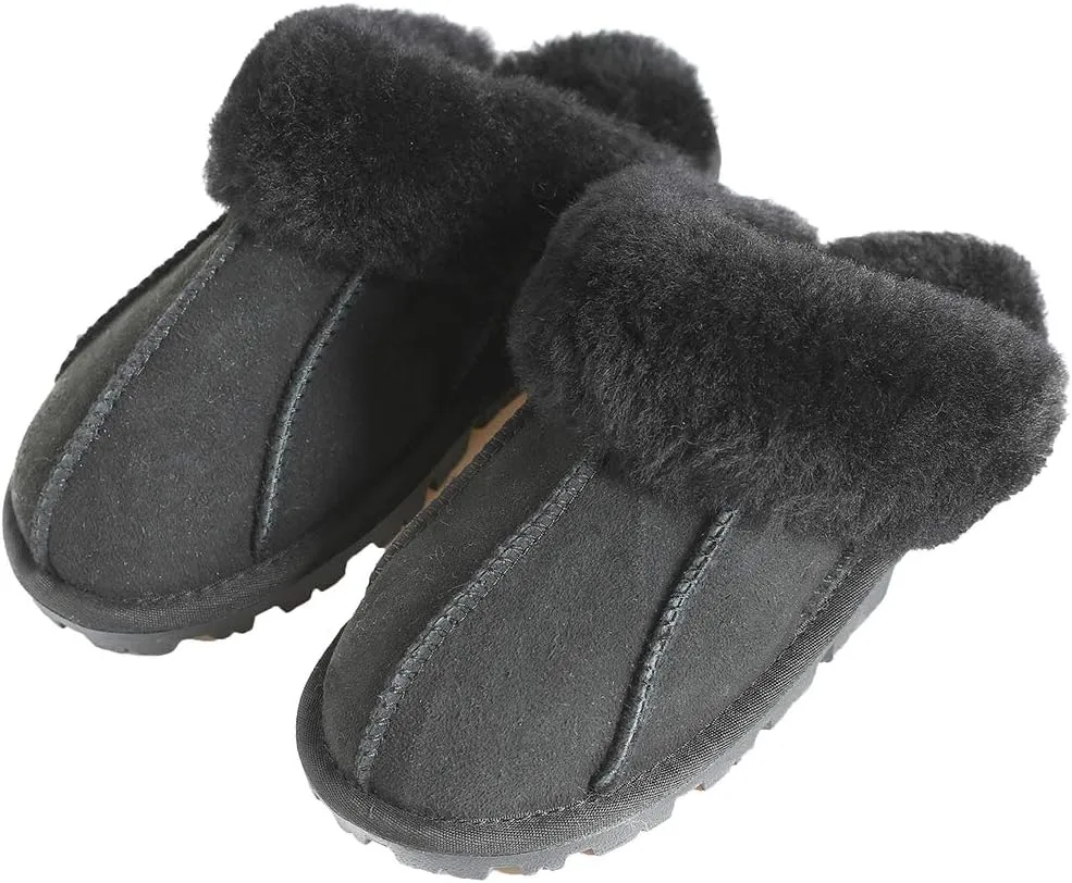 Millffy Unisex Comfy Sheepskin Leather Slippers Women's Handmade Wool Cuff Slippers Shoes for Men Indoor/Outdoor