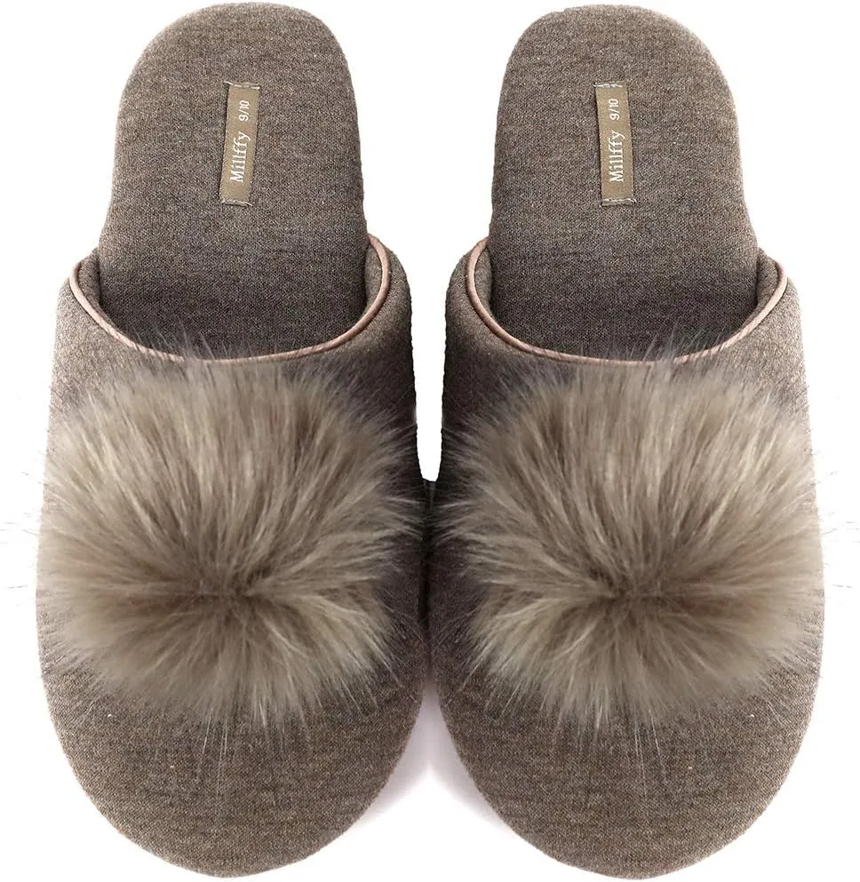 Millffy Women's Cozy House Slippers Fluffy Faux Fur Ball Comfy Slides Bedroom Home Cotton Knit Slippers