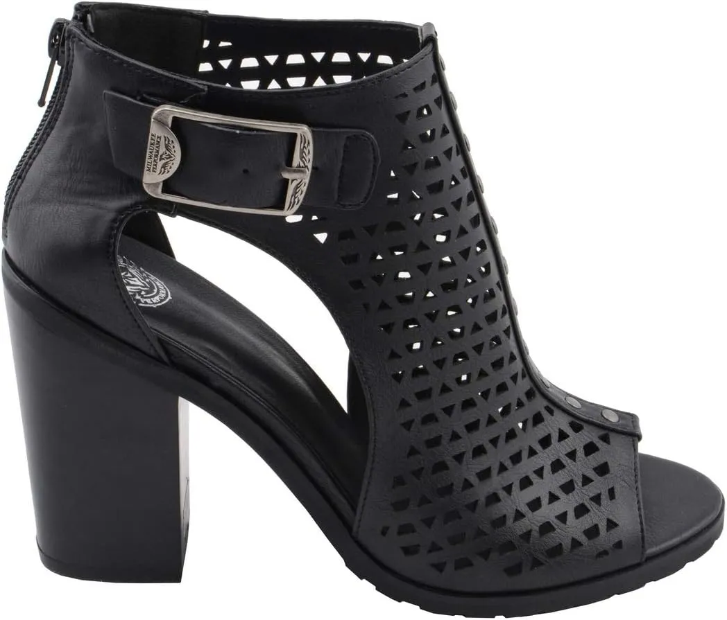 Milwaukee Leather MBL9453 Women's Black Mesh Open-Toe Platform Fashion Casual Heeled Sandals with Buckle Strap