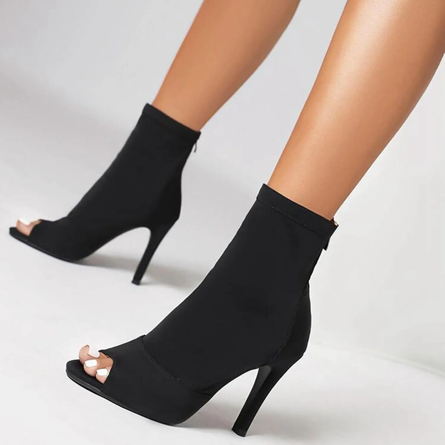 Minishion Womens Dance Boots with Heel Peep Toe Stretchy Dressy Ankle Booties Z006