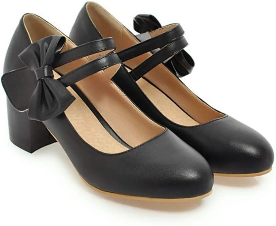 MIOKE Women's Chunky Mid Block Heel Mary Jane Pumps Round Toe Sweet Bows Comfy Wedding Evening Dress Shoes