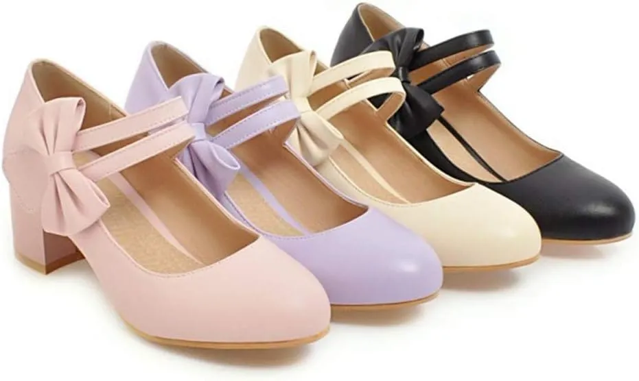 MIOKE Women's Chunky Mid Block Heel Mary Jane Pumps Round Toe Sweet Bows Comfy Wedding Evening Dress Shoes
