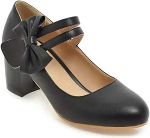 MIOKE Women's Chunky Mid Block Heel Mary Jane Pumps Round Toe Sweet Bows Comfy Wedding Evening Dress Shoes