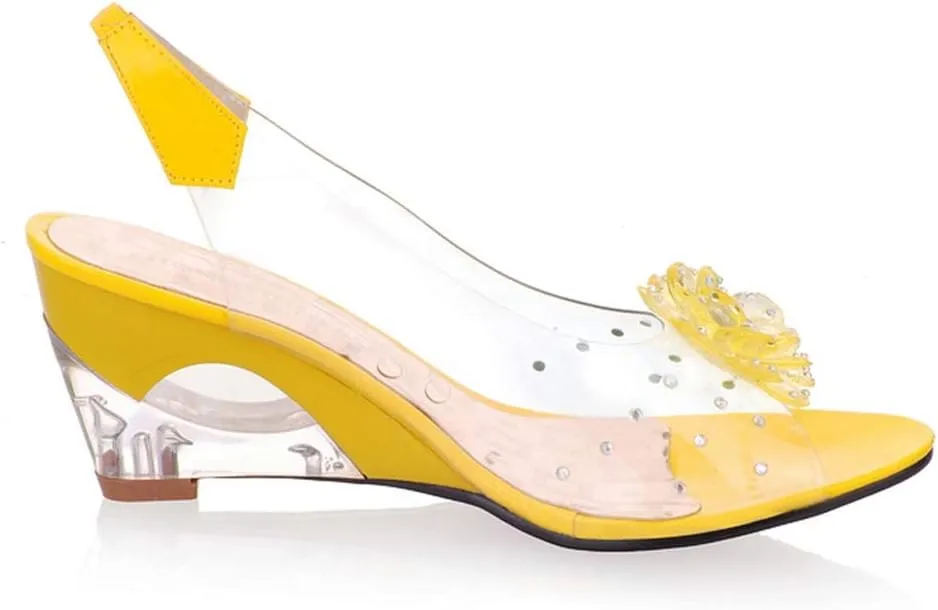 MIOKE Women's Fashion Clear Crystal Wedge Sandals Peep Toe Glitter Flower Platform High Heel Dress Sandal