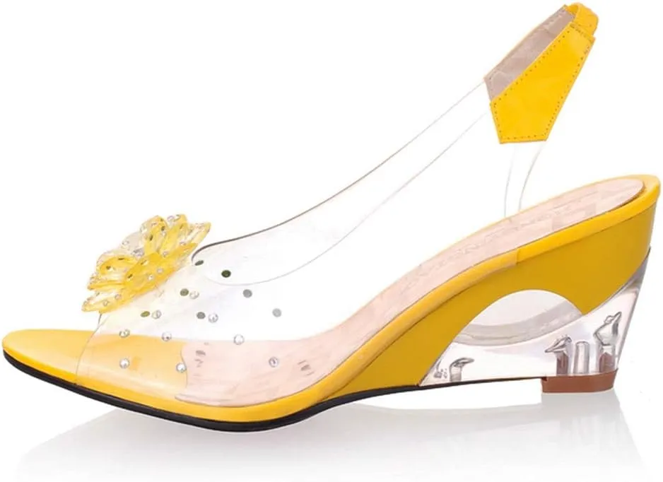 MIOKE Women's Fashion Clear Crystal Wedge Sandals Peep Toe Glitter Flower Platform High Heel Dress Sandal