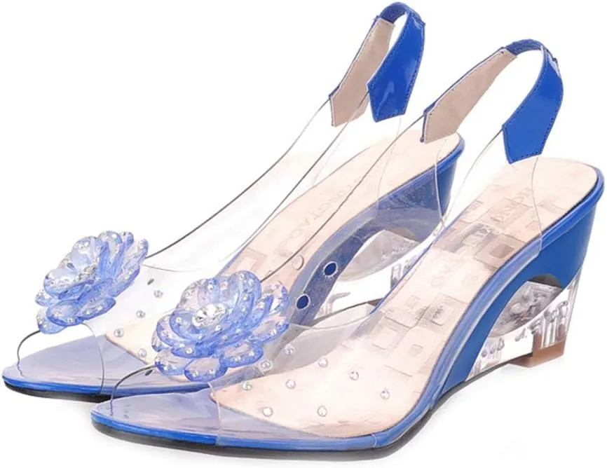 MIOKE Women's Fashion Clear Crystal Wedge Sandals Peep Toe Glitter Flower Platform High Heel Dress Sandal