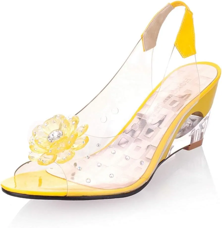 MIOKE Women's Fashion Clear Crystal Wedge Sandals Peep Toe Glitter Flower Platform High Heel Dress Sandal