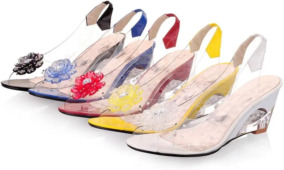 MIOKE Women's Fashion Clear Crystal Wedge Sandals Peep Toe Glitter Flower Platform High Heel Dress Sandal