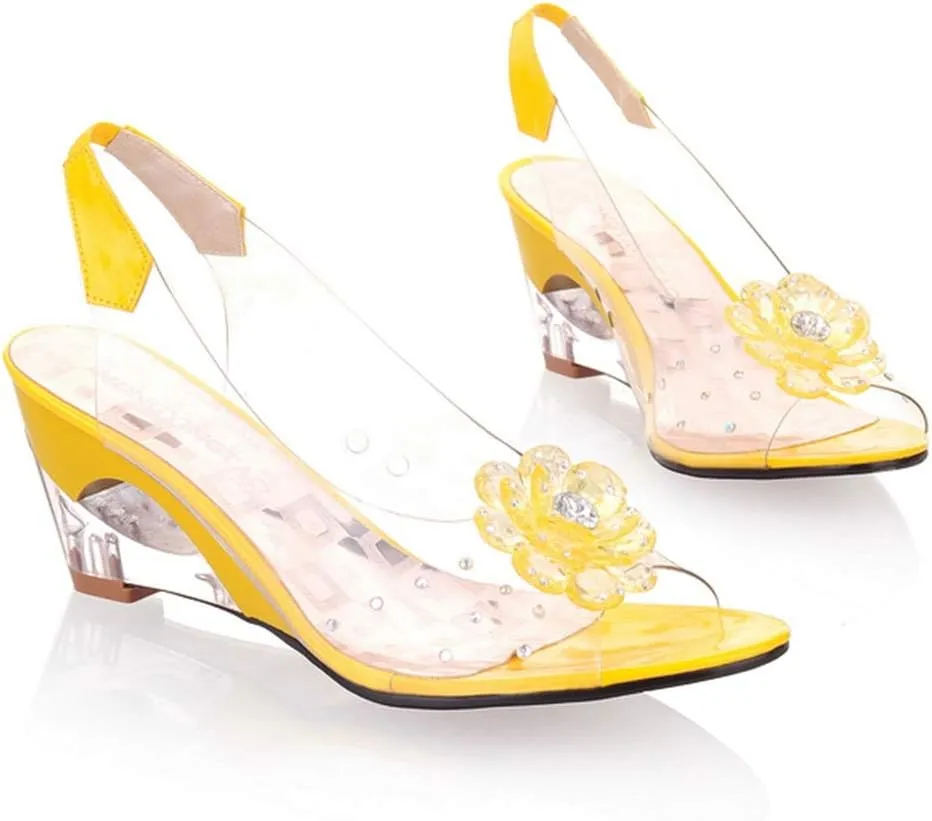 MIOKE Women's Fashion Clear Crystal Wedge Sandals Peep Toe Glitter Flower Platform High Heel Dress Sandal