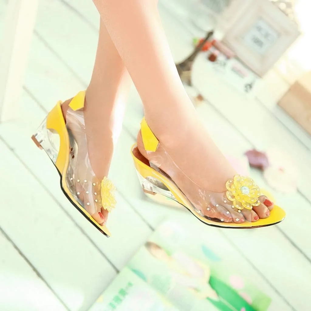 MIOKE Women's Fashion Clear Crystal Wedge Sandals Peep Toe Glitter Flower Platform High Heel Dress Sandal