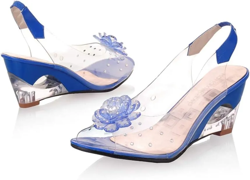 MIOKE Women's Fashion Clear Crystal Wedge Sandals Peep Toe Glitter Flower Platform High Heel Dress Sandal