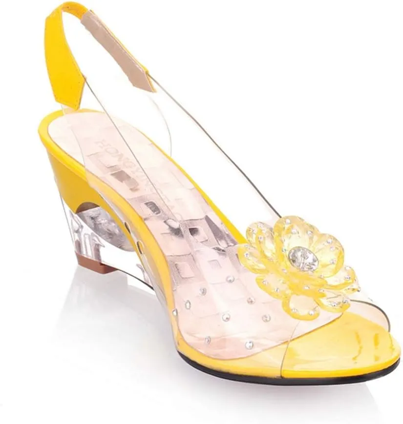 MIOKE Women's Fashion Clear Crystal Wedge Sandals Peep Toe Glitter Flower Platform High Heel Dress Sandal