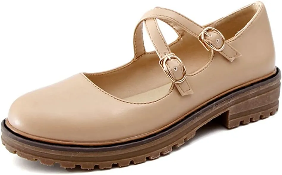 MIOKE Women's Retro Mary Jane Oxford Pumps Round Toe Buckle Cross Strap Comfy Chunky Low Heel Dress Shoes