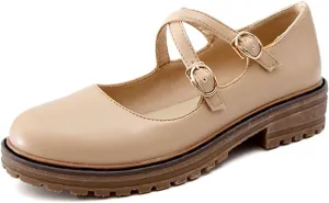 MIOKE Women's Retro Mary Jane Oxford Pumps Round Toe Buckle Cross Strap Comfy Chunky Low Heel Dress Shoes