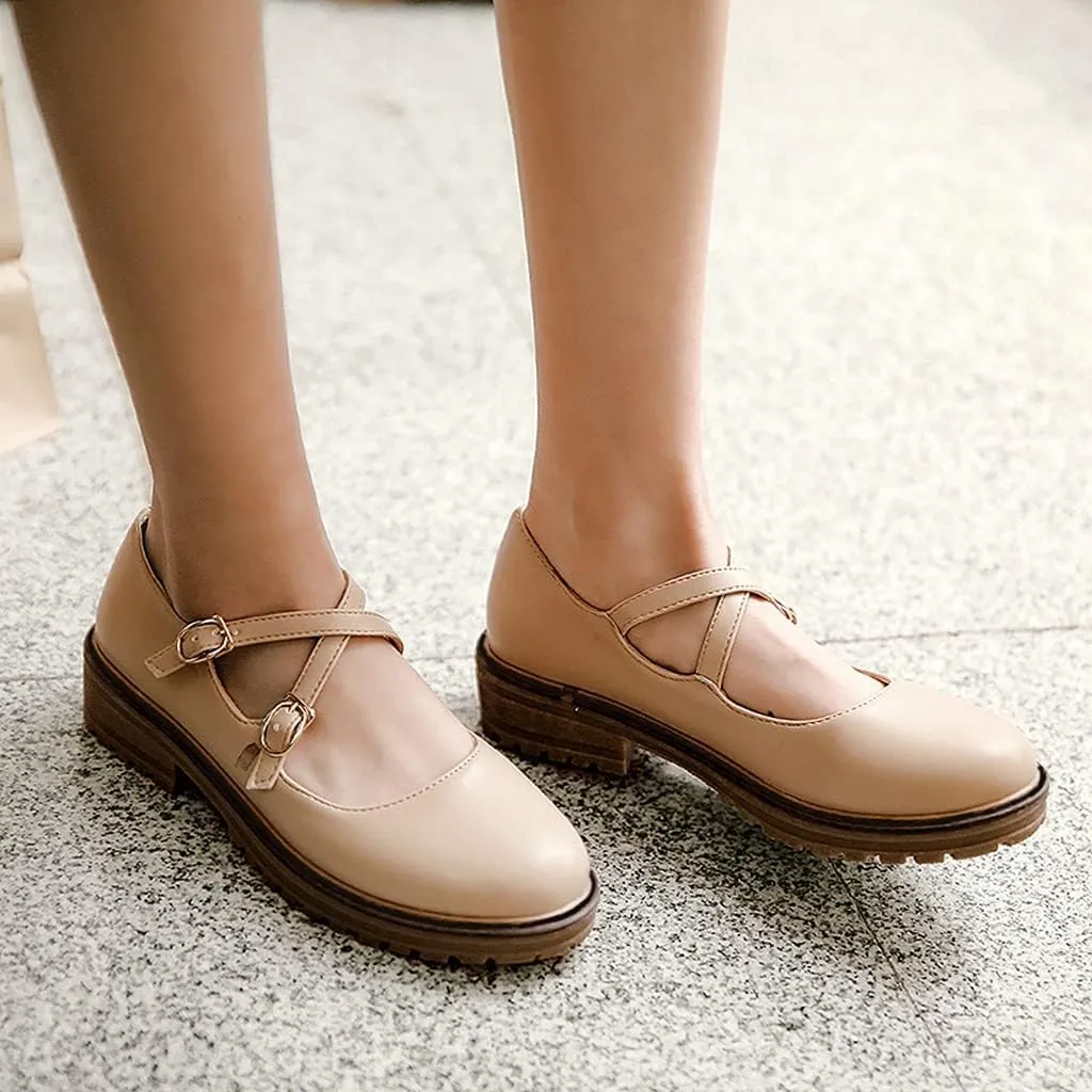 MIOKE Women's Retro Mary Jane Oxford Pumps Round Toe Buckle Cross Strap Comfy Chunky Low Heel Dress Shoes