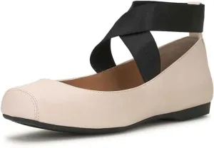 miss left Women's Stretchy Crisscross Strap Ballerina Flats Closed Square Toe Slip On Comfy Dance Party Shoe Size 4-16 US