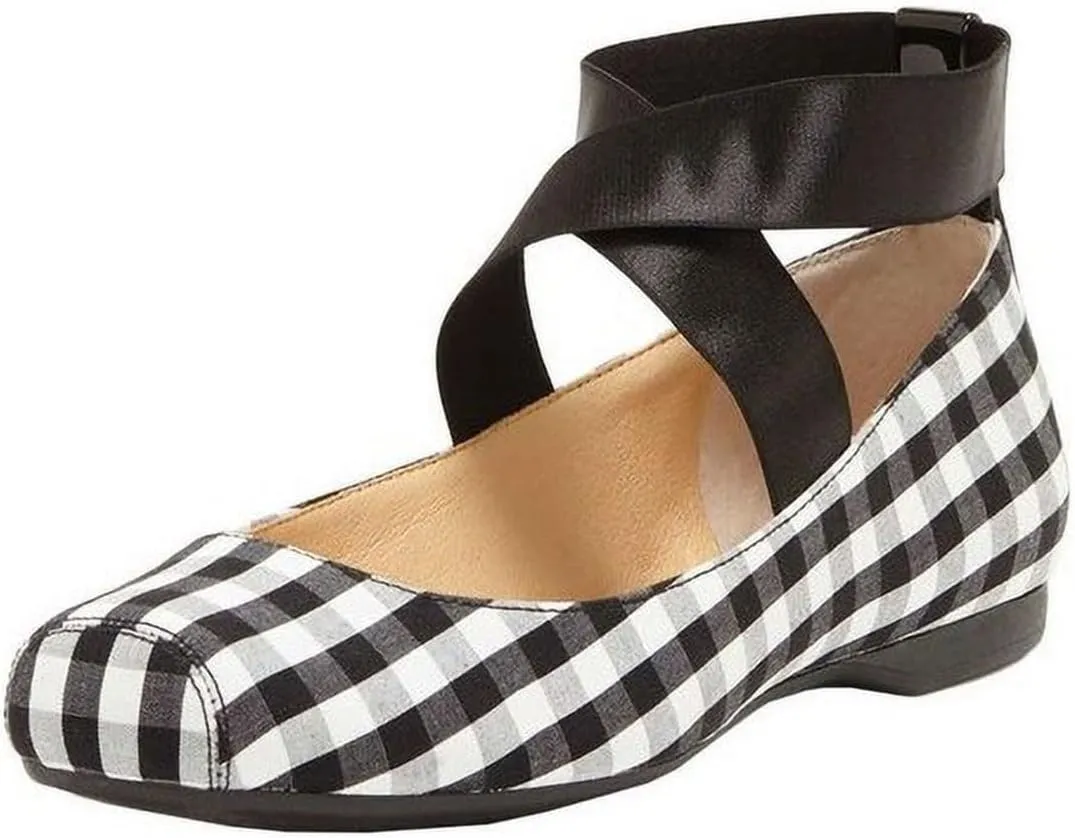 miss left Women's Stretchy Crisscross Strap Ballerina Flats Closed Square Toe Slip On Comfy Dance Party Shoe Size 4-16 US