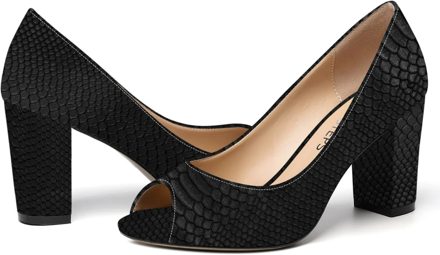 MOVINSTEPS Womens Party Slip On Patent Peep Toe Sexy Block High Heel Pumps Shoes 3.3 Inch