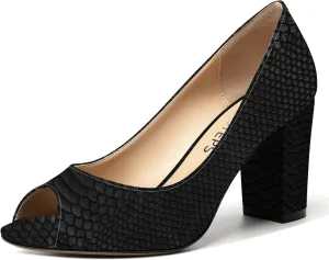 MOVINSTEPS Womens Party Slip On Patent Peep Toe Sexy Block High Heel Pumps Shoes 3.3 Inch
