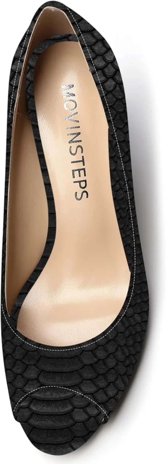 MOVINSTEPS Womens Party Slip On Patent Peep Toe Sexy Block High Heel Pumps Shoes 3.3 Inch