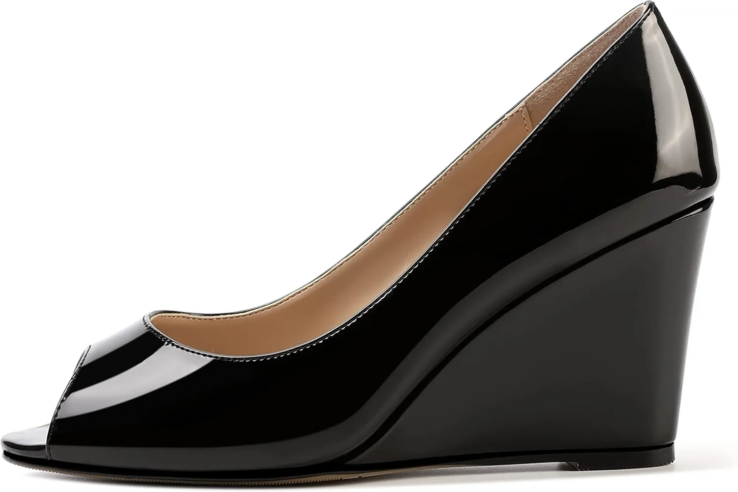 MOVINSTEPS Womens Slip On Work Patent Peep Toe Fashion Wedge High Heel Pumps Shoes 3.3 Inch