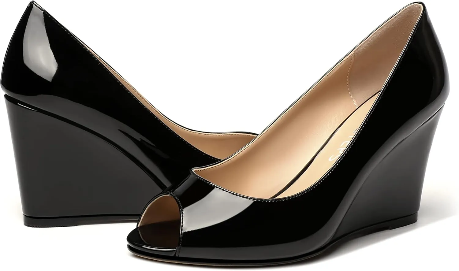 MOVINSTEPS Womens Slip On Work Patent Peep Toe Fashion Wedge High Heel Pumps Shoes 3.3 Inch
