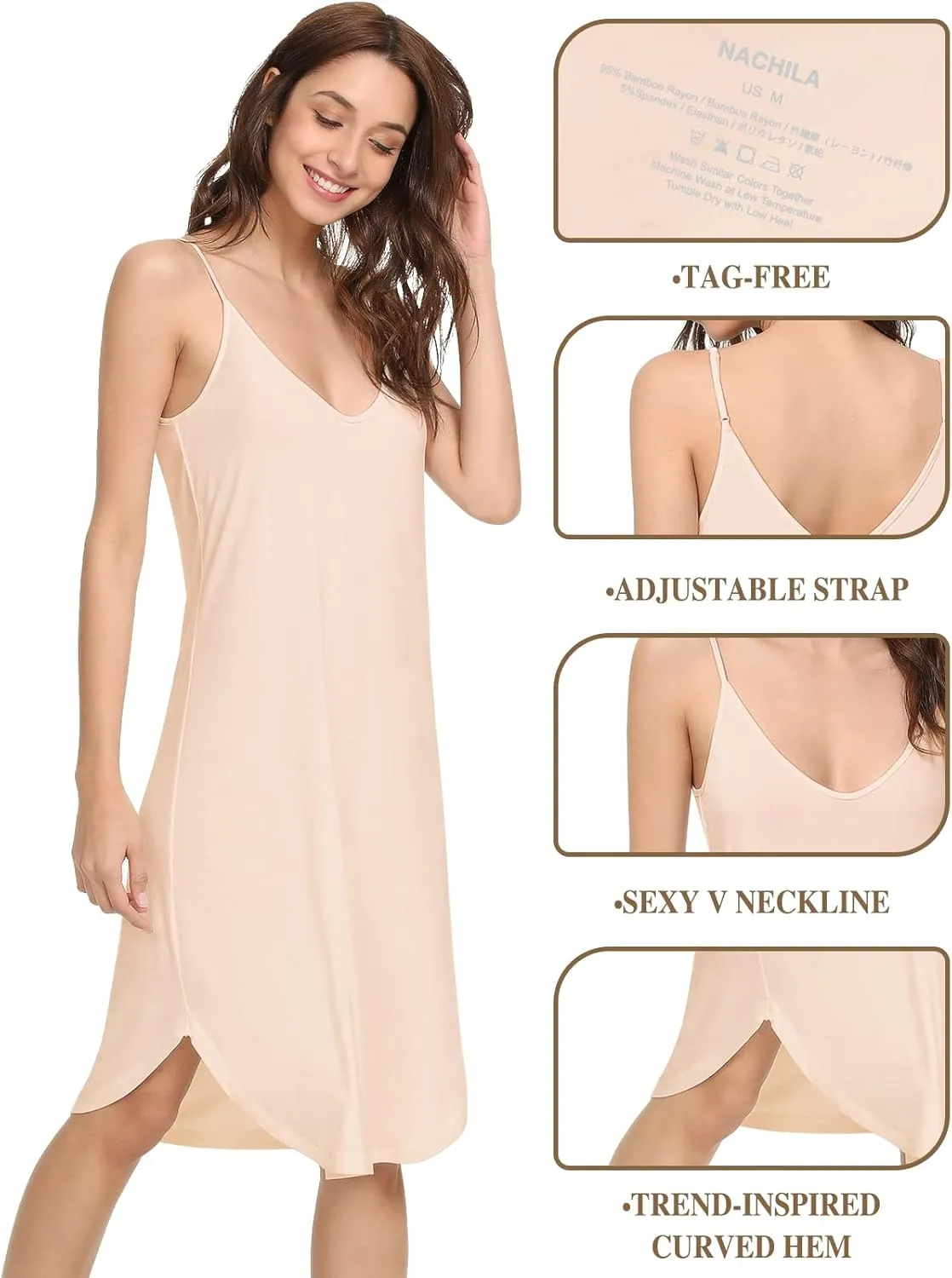 NACHILA Women's Full Slips for Under Dresses-Viscose Made from Bamboo, Adjustable Spaghetti Straps Cami Slip Dress