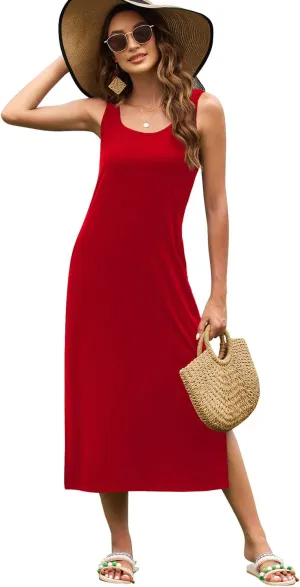 Naggoo Women's Sleevelee Tank Dress Midi Summer Casual Scoop Neck Basic Split Maxi Tshirt Sundresses with Pockets