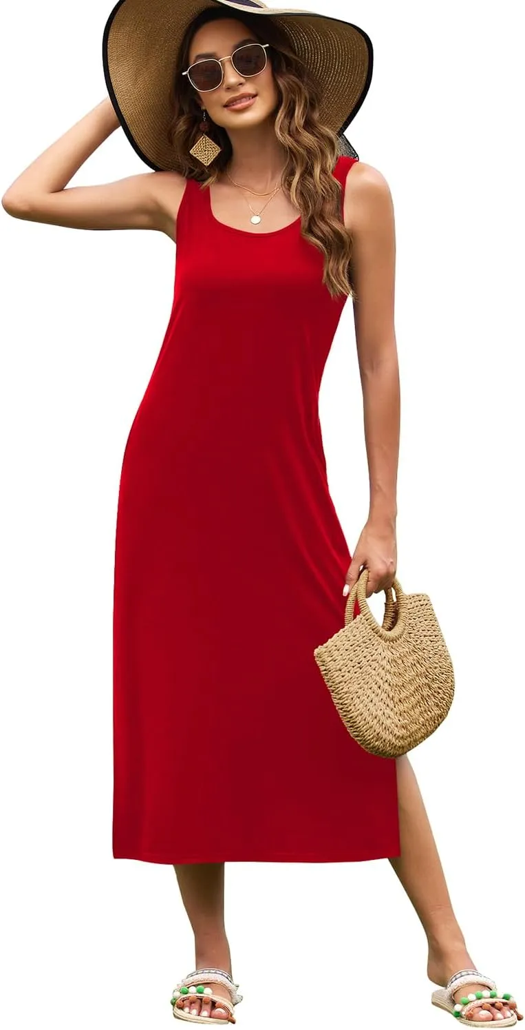 Naggoo Women's Sleevelee Tank Dress Midi Summer Casual Scoop Neck Basic Split Maxi Tshirt Sundresses with Pockets