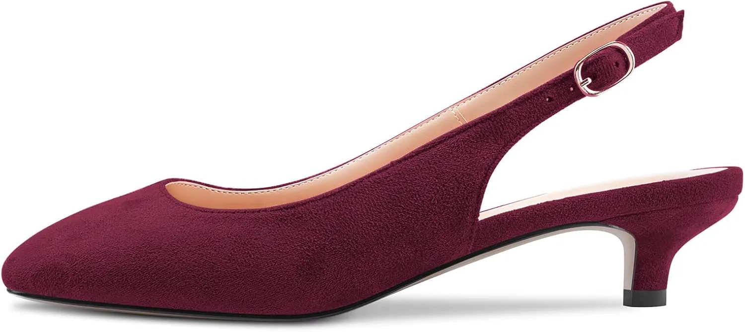 NobleOnly Stiletto Low Kitten Heel Close Toe Slip-on Pumps Slingback Buckle Dress Sandals 1.4 Inches Heels Shoes