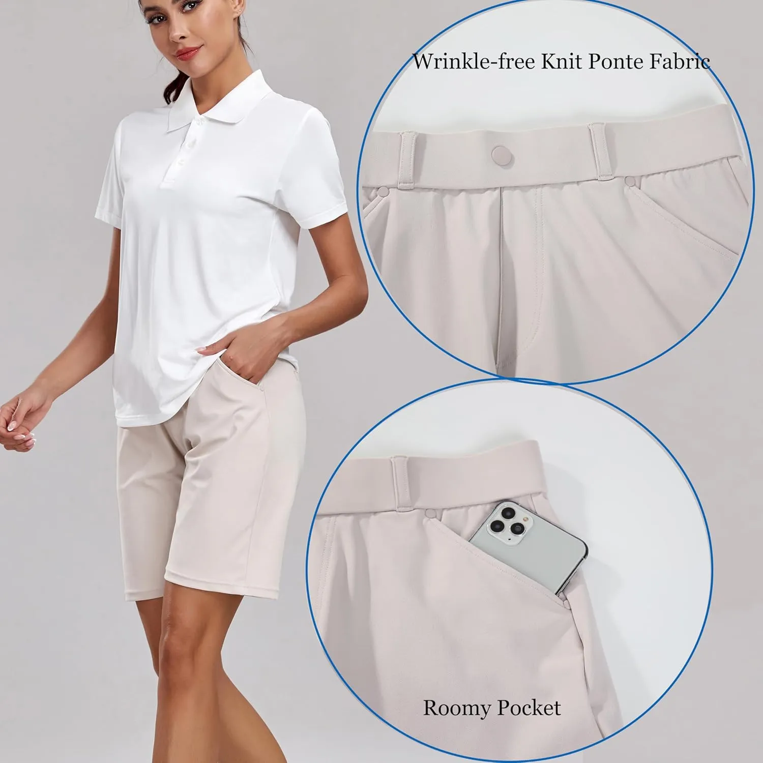 Oalka Women's Bermuda Shorts Work Casual 8" Stretchy Golf Walking Shorts Knee Length