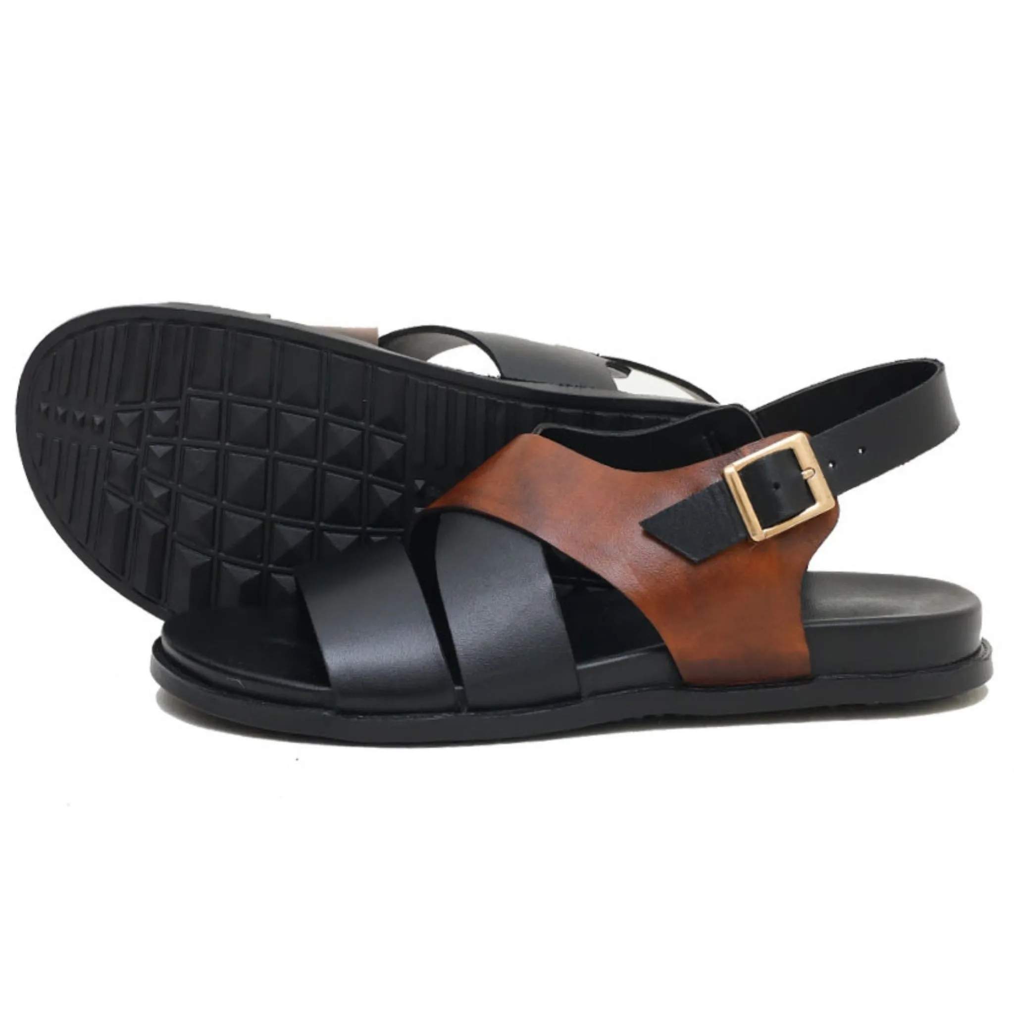 OK-2011 Black Cross Strap Leather Sandal