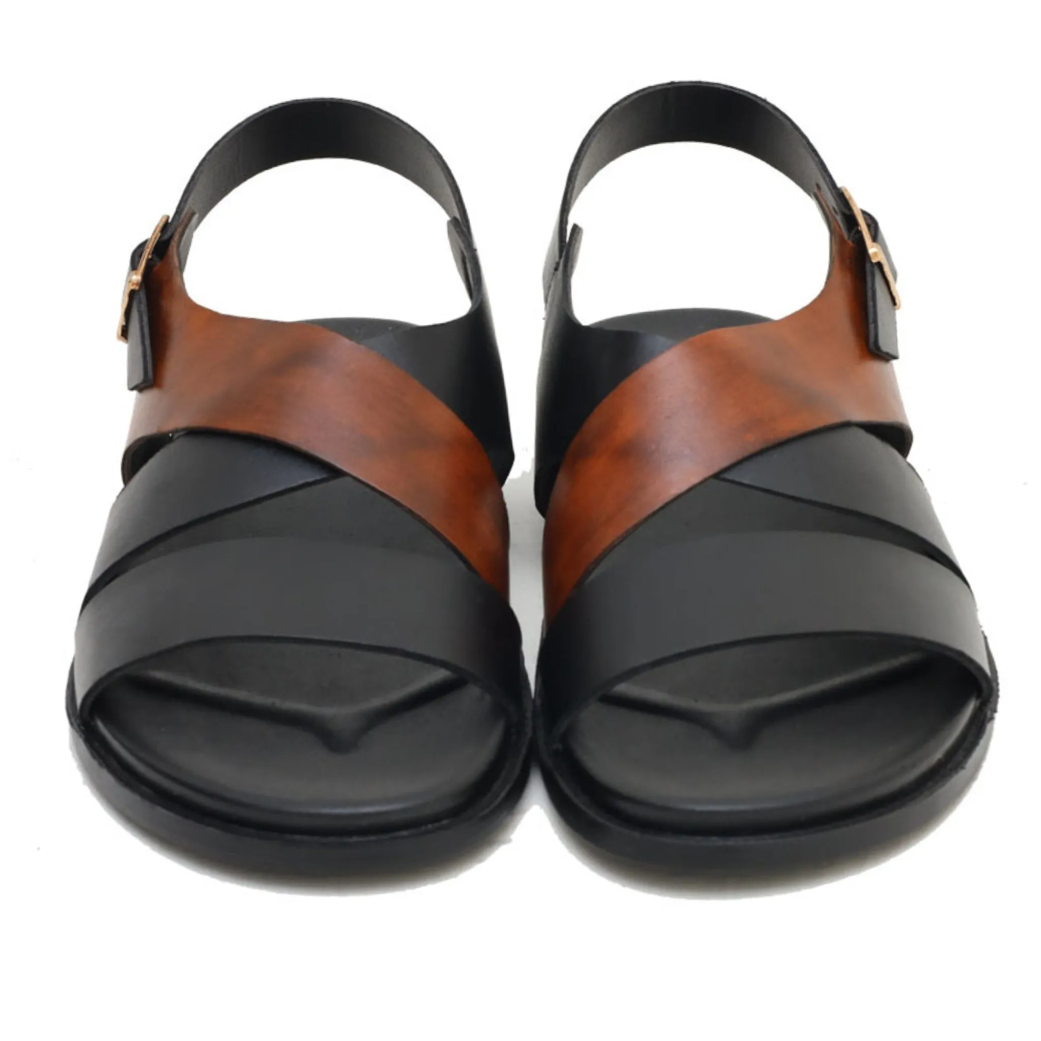 OK-2011 Black Cross Strap Leather Sandal