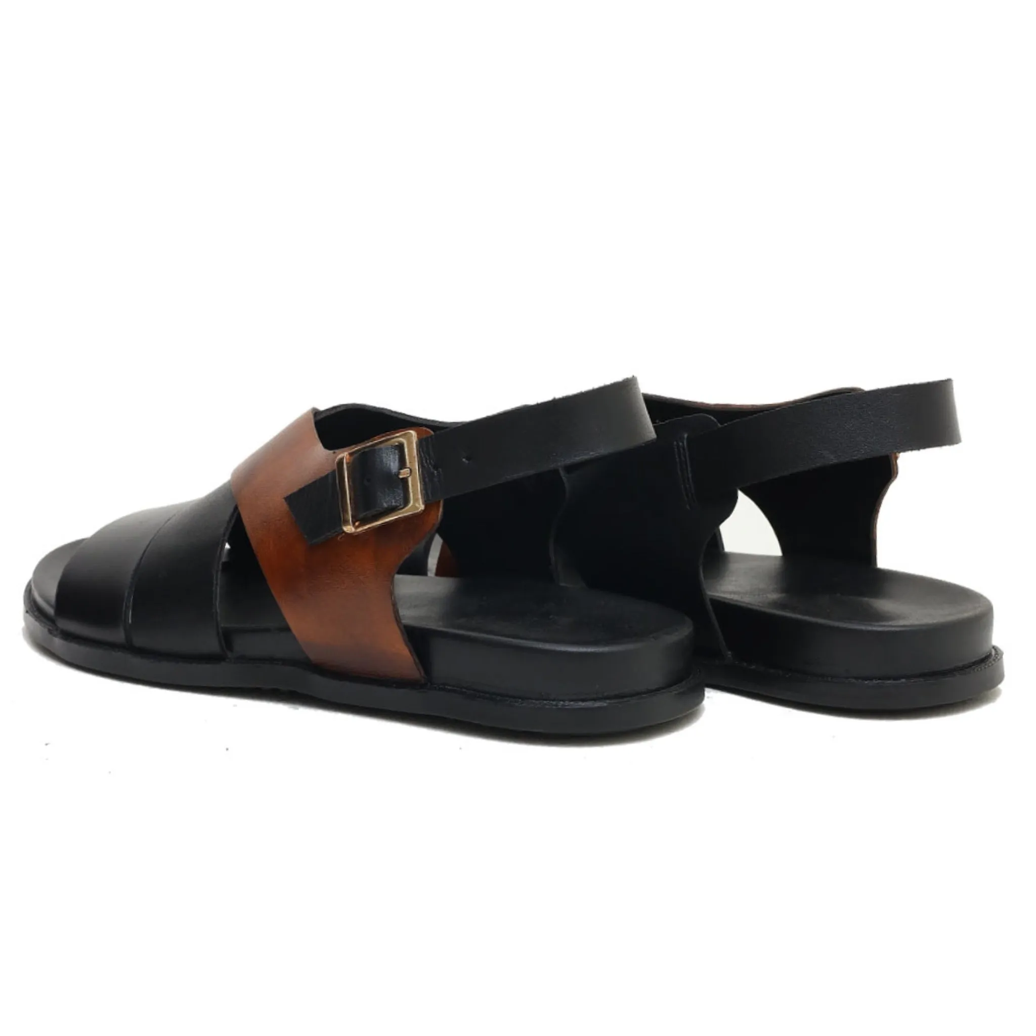 OK-2011 Black Cross Strap Leather Sandal