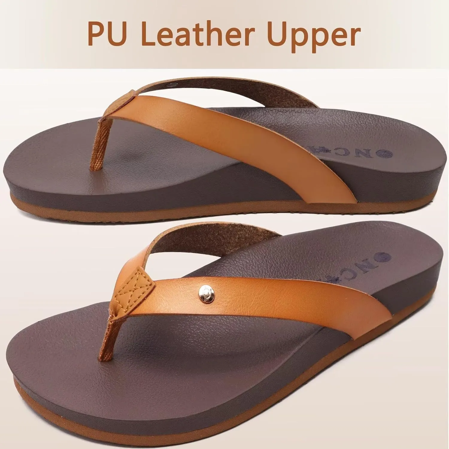 ONCAI Womens Flip Flops For Women Comfortable Leather Strap Yoga Mat Non-Slip Women's Thong Sandal Casual Summer Beach Slippers With Arch Support