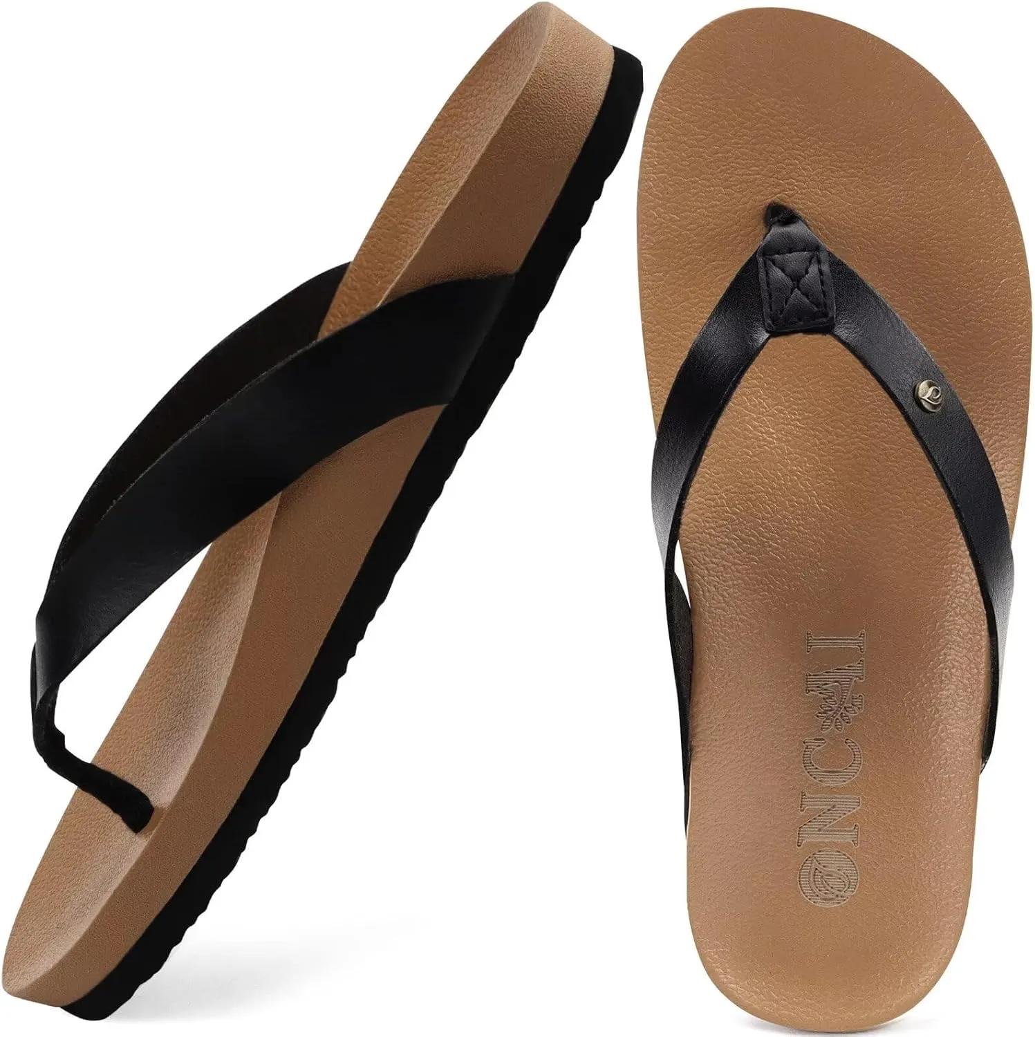 ONCAI Womens Flip Flops For Women Comfortable Leather Strap Yoga Mat Non-Slip Women's Thong Sandal Casual Summer Beach Slippers With Arch Support