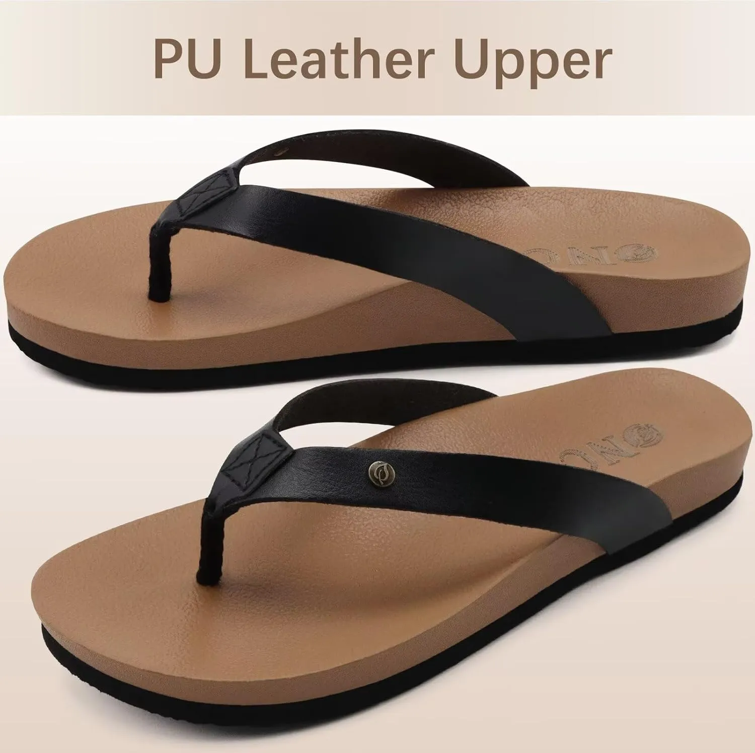 ONCAI Womens Flip Flops For Women Comfortable Leather Strap Yoga Mat Non-Slip Women's Thong Sandal Casual Summer Beach Slippers With Arch Support