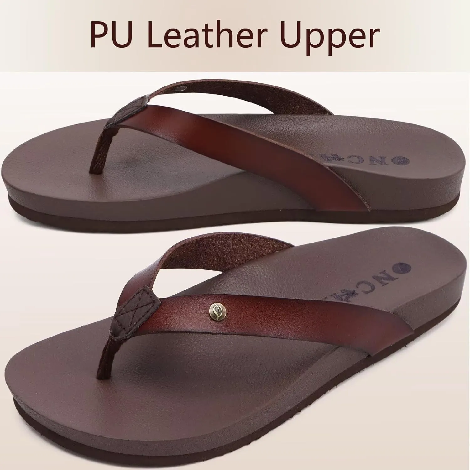 ONCAI Womens Flip Flops For Women Comfortable Leather Strap Yoga Mat Non-Slip Women's Thong Sandal Casual Summer Beach Slippers With Arch Support