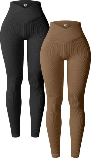 OQQ Women's 2 Piece Yoga Leggings Ribbed Seamless Workout High Waist Cross Over Athletic Exercise Leggings