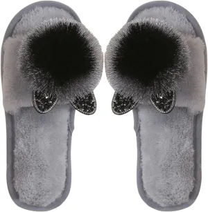 OYOANGLE Women's Pom Pom Fuzzy Slippers Faux Fur Open Toe Slides Slippers Comfy Indoor House Shoes