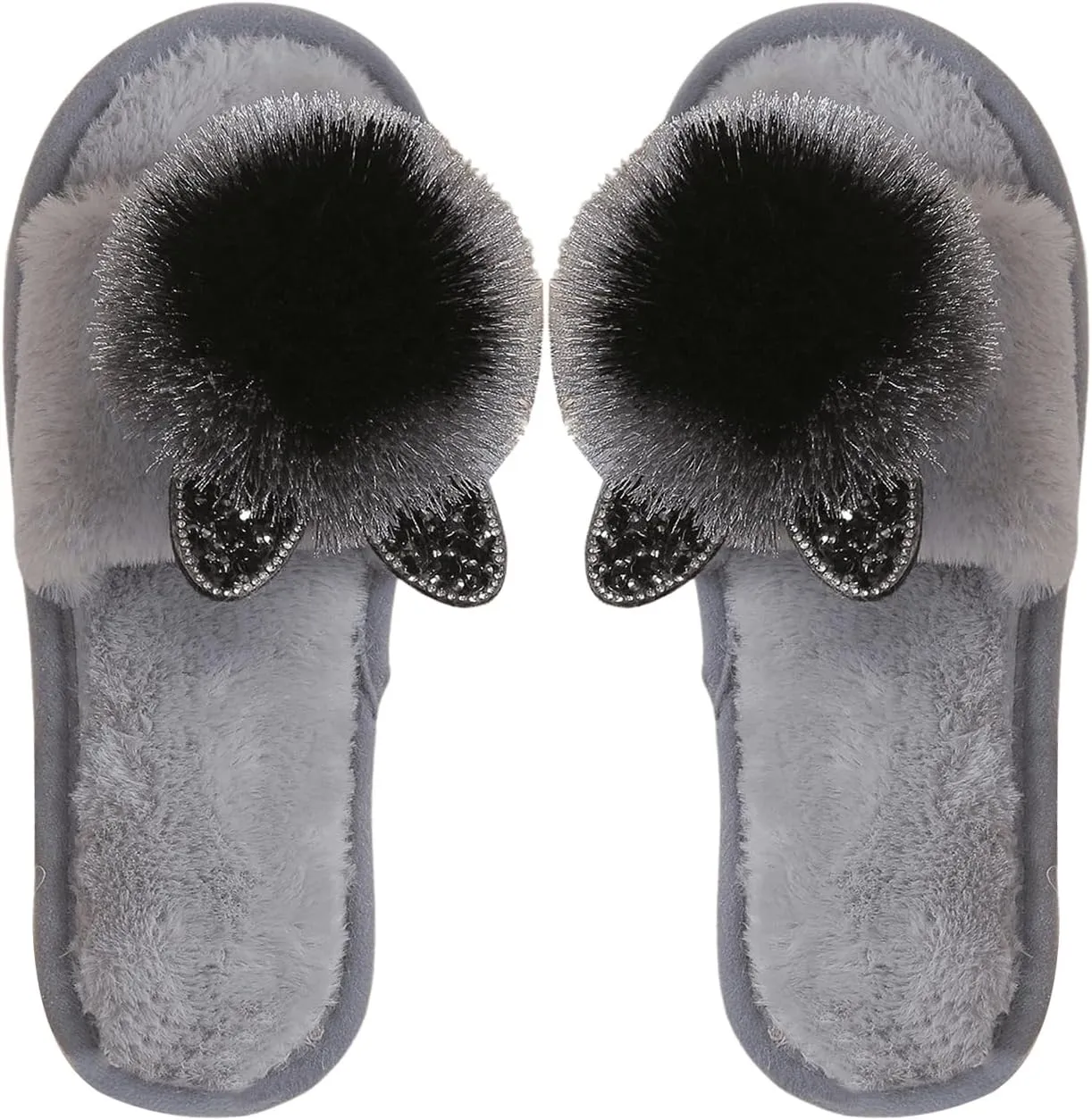 OYOANGLE Women's Pom Pom Fuzzy Slippers Faux Fur Open Toe Slides Slippers Comfy Indoor House Shoes