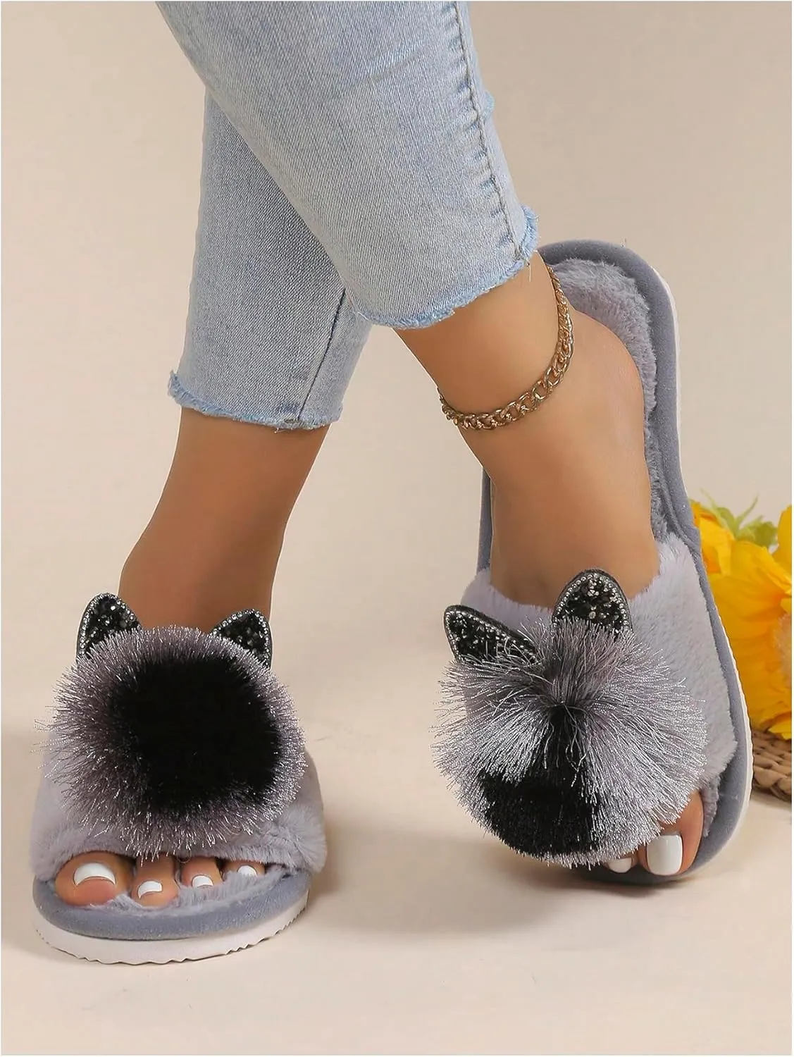 OYOANGLE Women's Pom Pom Fuzzy Slippers Faux Fur Open Toe Slides Slippers Comfy Indoor House Shoes
