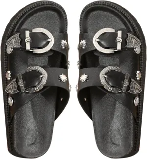 OYOANGLE Women's Studded Double Buckle Strap Footbed Sandals Fashion Platform Slip on Slides Sandals