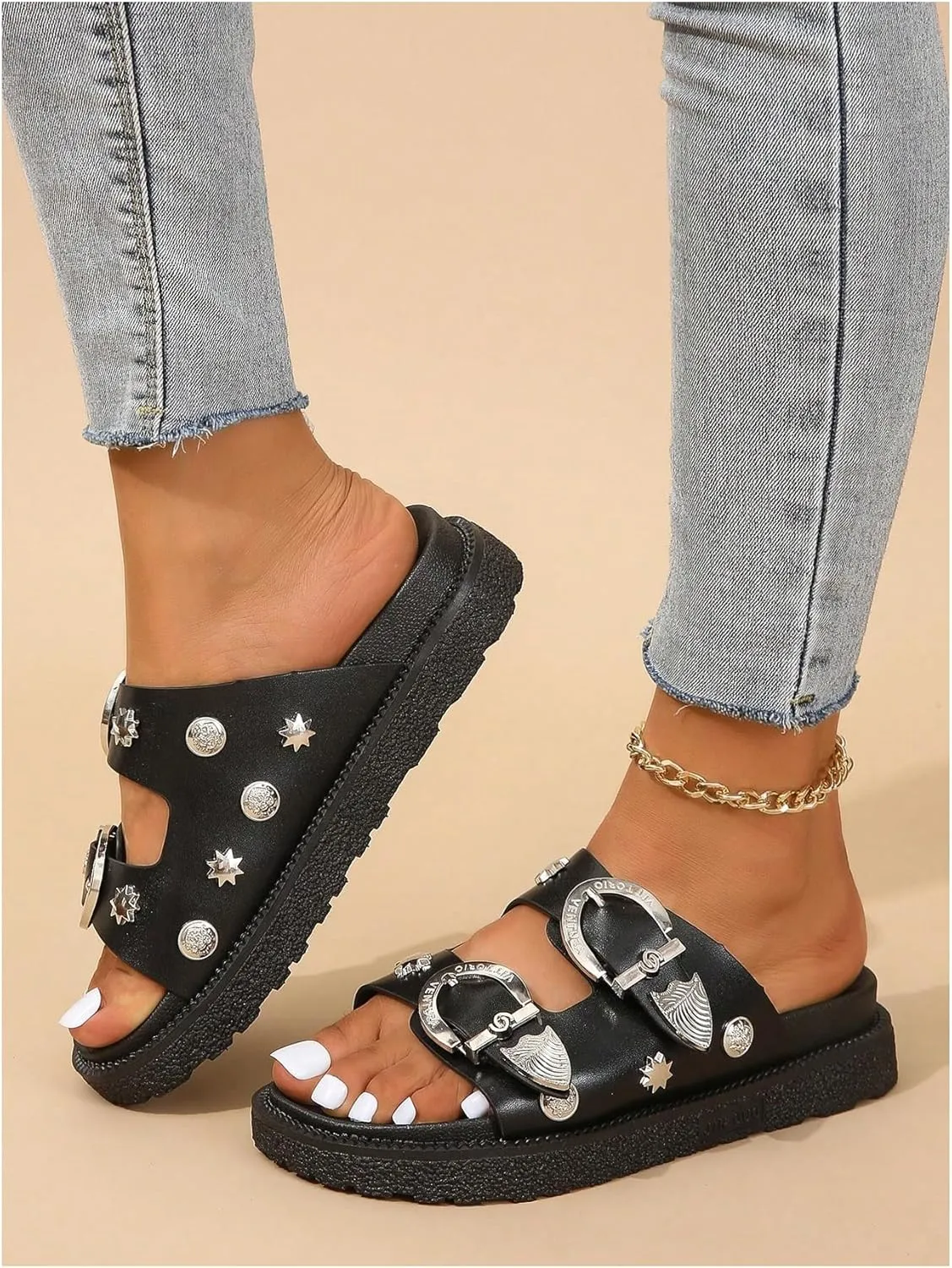 OYOANGLE Women's Studded Double Buckle Strap Footbed Sandals Fashion Platform Slip on Slides Sandals