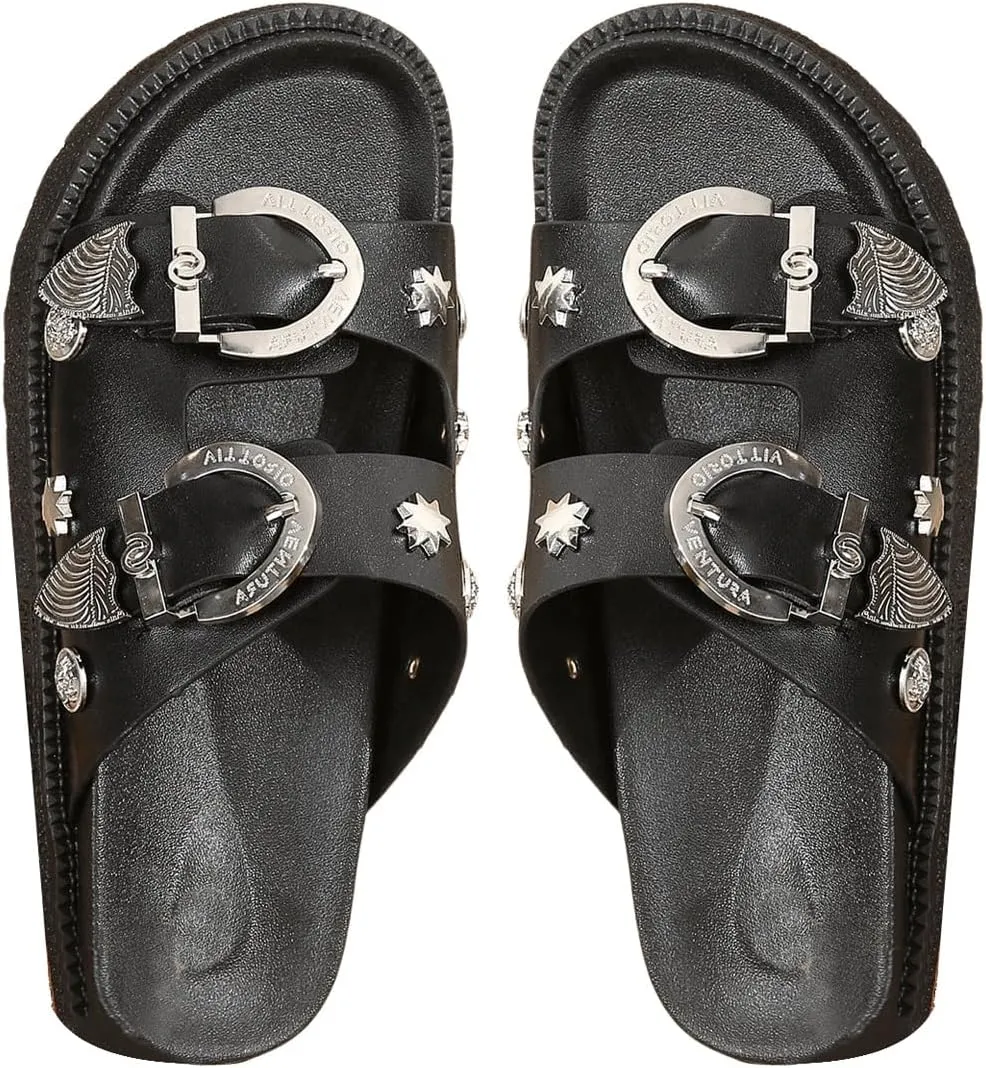 OYOANGLE Women's Studded Double Buckle Strap Footbed Sandals Fashion Platform Slip on Slides Sandals