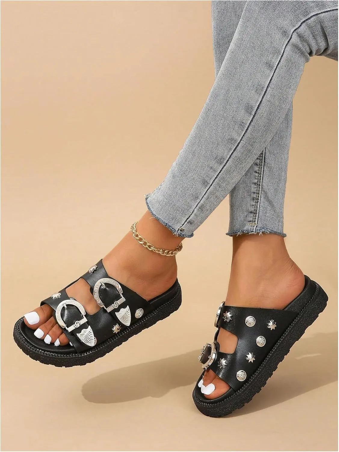 OYOANGLE Women's Studded Double Buckle Strap Footbed Sandals Fashion Platform Slip on Slides Sandals
