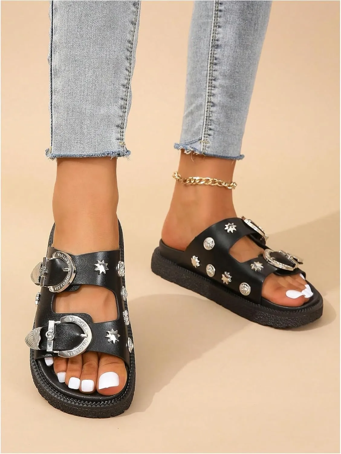 OYOANGLE Women's Studded Double Buckle Strap Footbed Sandals Fashion Platform Slip on Slides Sandals