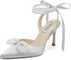 Pearl Wedding Shoes for Bride High Heel Bridal Shoes Closed Toe Wedding Heels